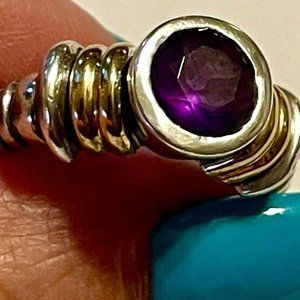 Ladies 18k Solid Yellow Gold & Sterling Silver .925 w/ Faceted Amethyst Ring
